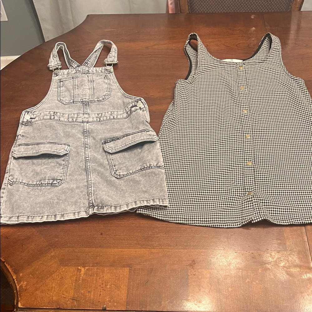 Denim Overall Dress and Gingham Button-Up Top
